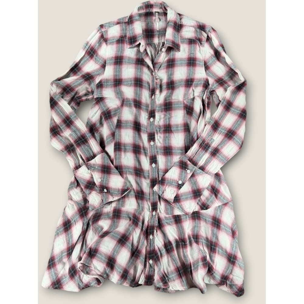 Free People Plaid Flannel Tunic Shirt Dress Womens XS Red Pink Cotton Oversized